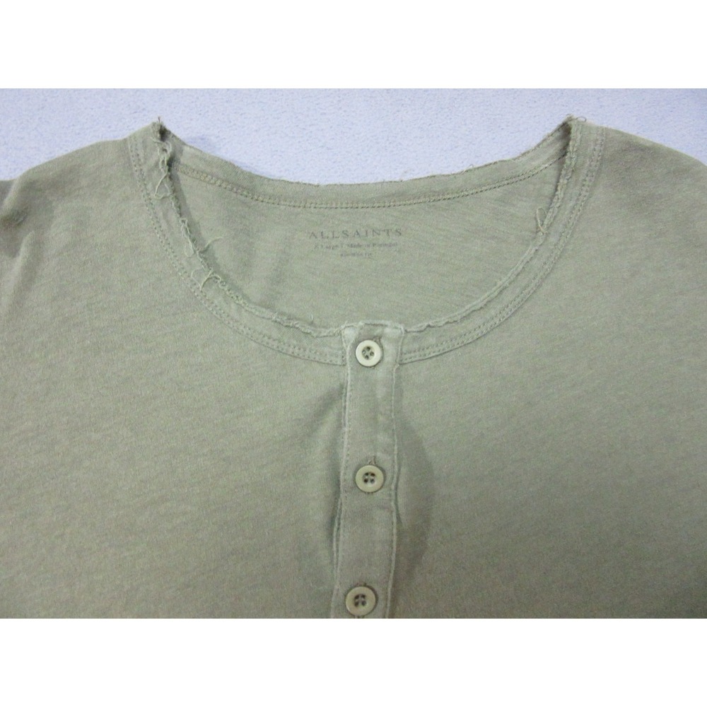 AllSaints Shirt Mens XL Green Henley Neck Raw Hem Bodega Slim Fit Olive - Picture 3 of 15